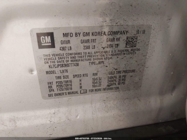 Продажа на аукционе авто 2019 Chevrolet Trax Lt, vin: KL7CJPSB3KB777438, номер лота: 45703755
