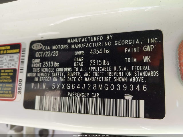 Продажа на аукционе авто 2021 Kia K5 Gt-line, vin: 5XXG64J28MG039346, номер лота: 45703758