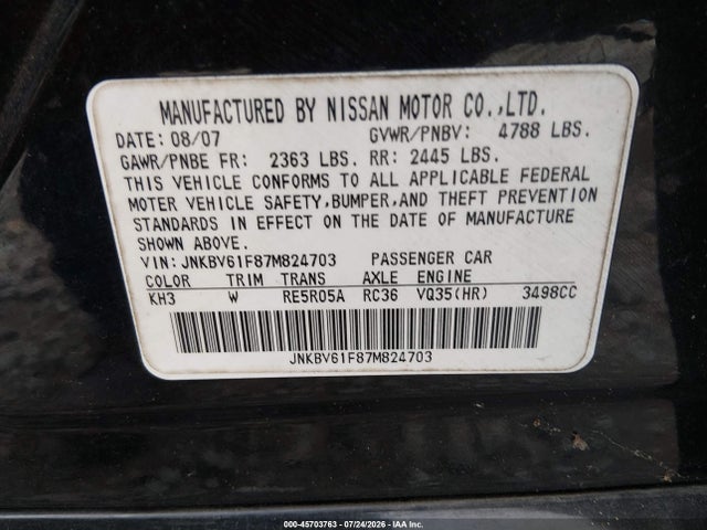 45703763 :رقم المزاد ، JNKBV61F87M824703 vin ، 2007 Infiniti G35x مزاد بيع