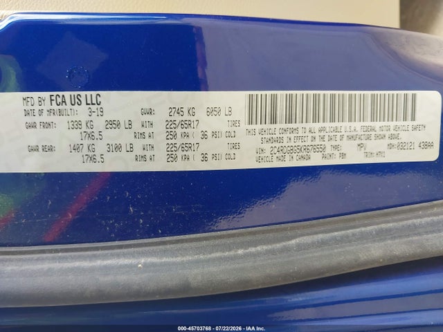 45703768 :رقم المزاد ، 2C4RDGBG5KR676550 vin ، 2019 Dodge Grand Caravan Se مزاد بيع