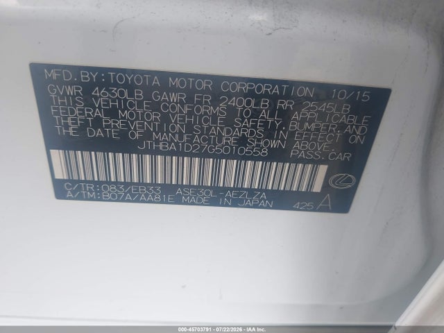 Aukcja sprzedaży 2016 Lexus Is 200t, vin: JTHBA1D27G5010558, numer aukcji: 45703791