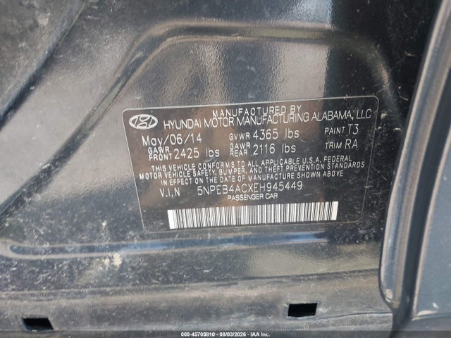 Aukcja sprzedaży 2014 Hyundai Sonata Gls, vin: 5NPEB4ACXEH945449, numer aukcji: 45703810