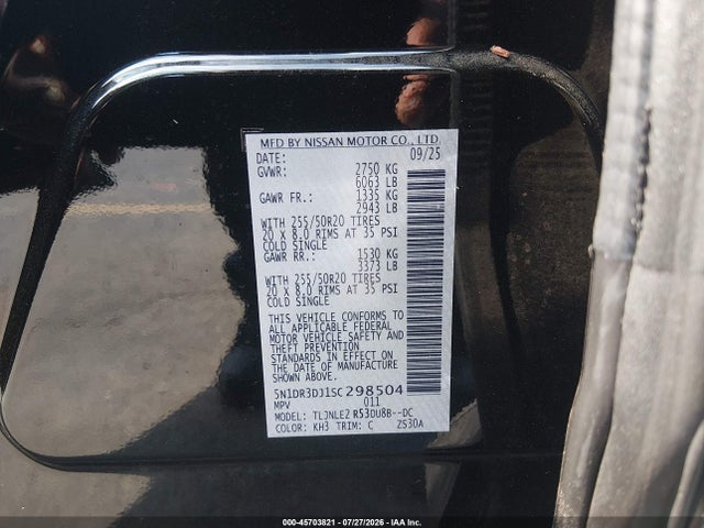Aukcja sprzedaży 2025 Nissan Pathfinder Platinum 4wd, vin: 5N1DR3DJ1SC298504, numer aukcji: 45703821