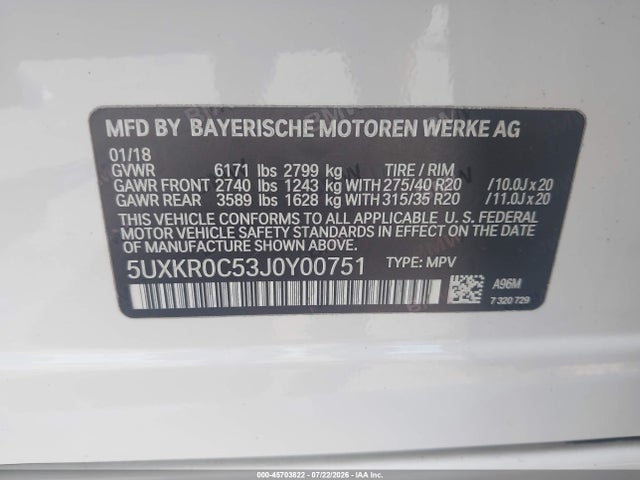 45703822 :رقم المزاد ، 5UXKR0C53J0Y00751 vin ، 2018 Bmw X5 Xdrive35i مزاد بيع