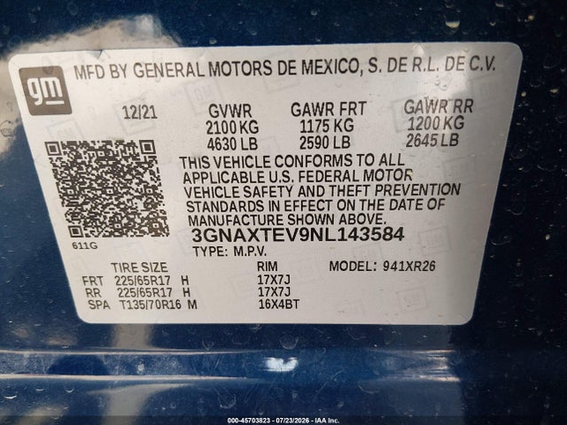 Продажа на аукционе авто 2022 Chevrolet Equinox Awd 2fl, vin: 3GNAXTEV9NL143584, номер лота: 45703823