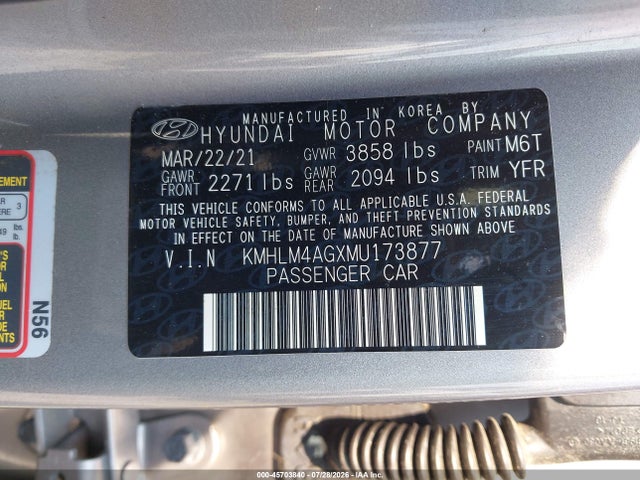 Продажа на аукционе авто 2021 Hyundai Elantra Sel, vin: KMHLM4AGXMU173877, номер лота: 45703840