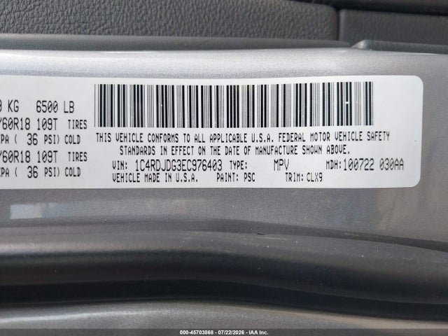 Dodge DURANGO LIMITED 2014 1C4RDJDG3EC976403 Image 9