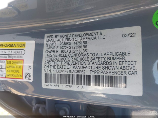 2022 Honda Accord Sport მანქანა იყიდება აუქციონზე, vin: 1HGCV1F31NA036952, აუქციონის ნომერი: 45703878