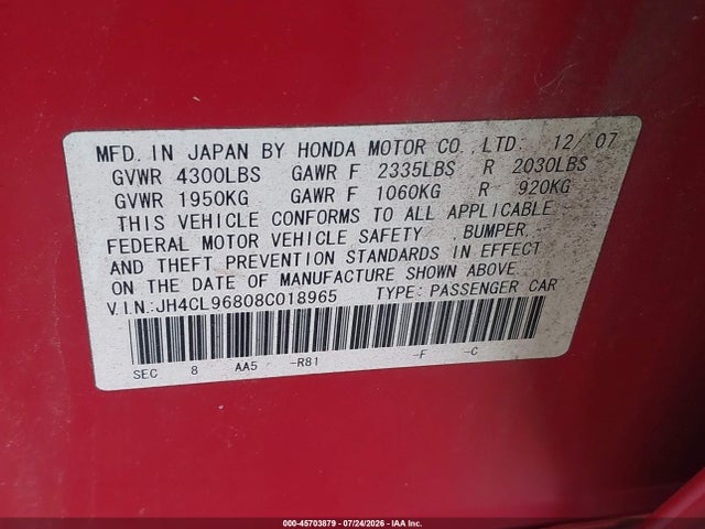 45703879 :رقم المزاد ، JH4CL96808C018965 vin ، 2008 Acura Tsx مزاد بيع