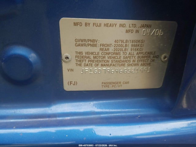 Aukcja sprzedaży 2006 Subaru Impreza Wrx Tr, vin: JF1GD79646G521991, numer aukcji: 45703883