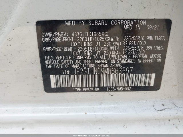 Продажа на аукционе авто 2021 Subaru Crosstrek Limited, vin: JF2GTHNC9MH663597, номер лота: 45703914
