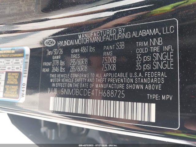Продажа на аукционе авто 2026 Hyundai Tucson Sel, vin: 5NMJBCDE4TH688725, номер лота: 45703933