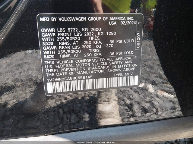 2024 Volkswagen Atlas 2.0t Se W/technology მანქანა იყიდება აუქციონზე, vin: 1V2WR2CA5RC558145, აუქციონის ნომერი: 45703946