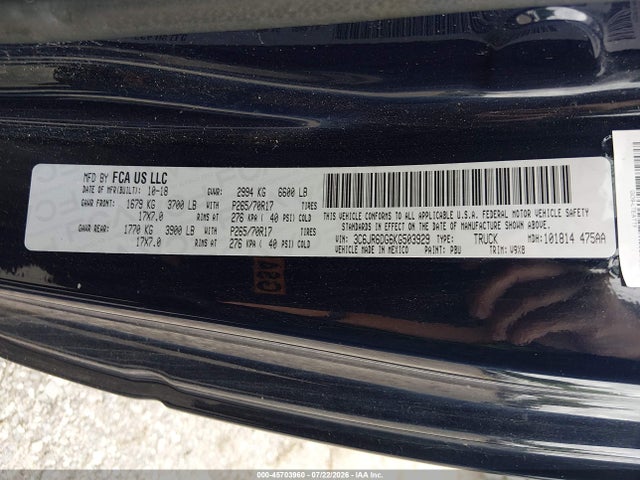 2019 Ram 1500 Classic მანქანა იყიდება აუქციონზე, vin: 3C6JR6DG6KG503929, აუქციონის ნომერი: 45703960