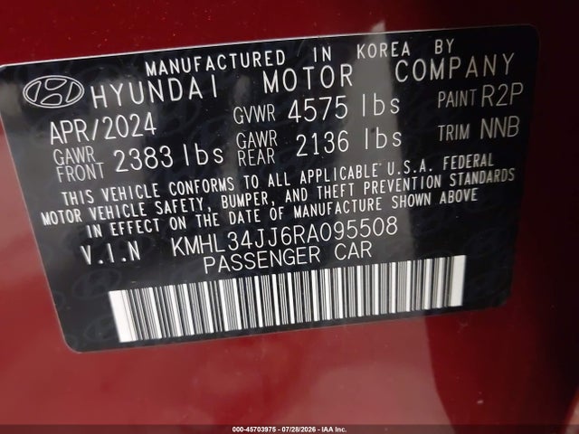 2024 Hyundai Sonata Hybrid Sel მანქანა იყიდება აუქციონზე, vin: KMHL34JJ6RA095508, აუქციონის ნომერი: 45703975