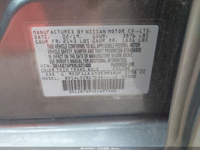 Aukcja sprzedaży 2019 Nissan Sentra Sv, vin: 3N1AB7APXKL627400, numer aukcji: 45704011