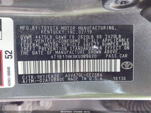 Aukcja sprzedaży 2019 Toyota Camry Se, vin: 4T1B11HKXKU229620, numer aukcji: 45704033