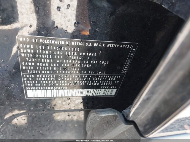 2022 Volkswagen Taos 1.5t S მანქანა იყიდება აუქციონზე, vin: 3VVDX7B28NM026579, აუქციონის ნომერი: 45704047