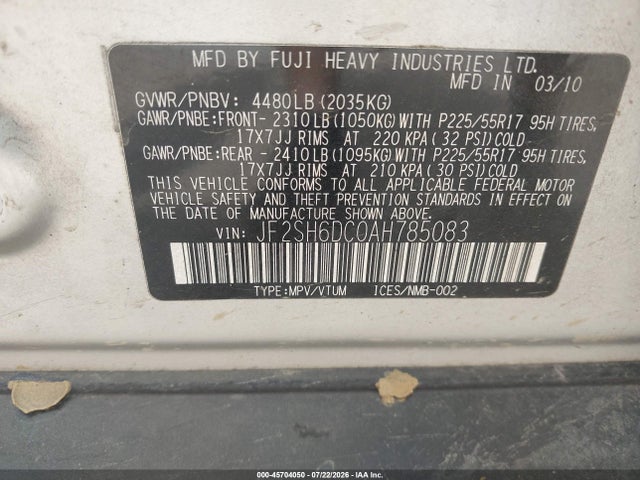Aukcja sprzedaży 2010 Subaru Forester 2.5x Limited, vin: JF2SH6DC0AH785083, numer aukcji: 45704050