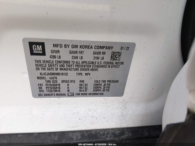 Aukcja sprzedaży 2022 Buick Encore Fwd Preferred, vin: KL4CJASM0NB518132, numer aukcji: 45704065