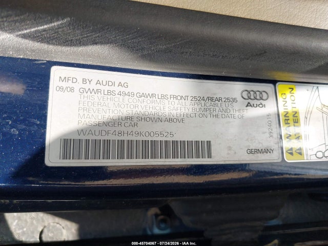 45704067 :رقم المزاد ، WAUDF48H49K005525 vin ، 2009 Audi A4 2.0t/2.0t Special Edition مزاد بيع