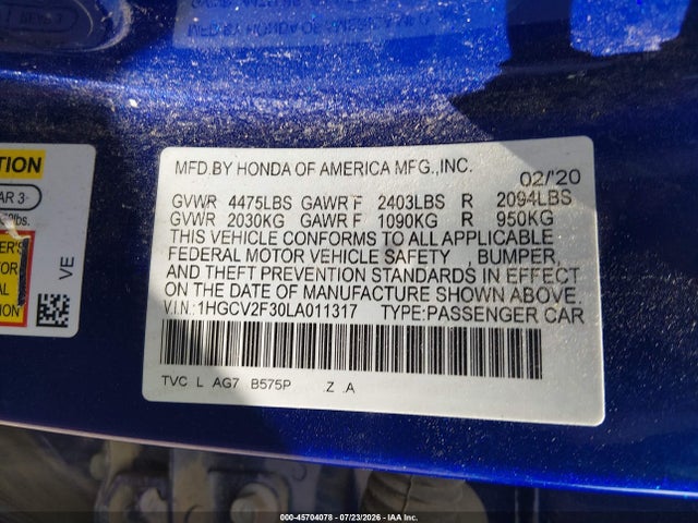 2020 Honda Accord Sport 2.0t მანქანა იყიდება აუქციონზე, vin: 1HGCV2F30LA011317, აუქციონის ნომერი: 45704078