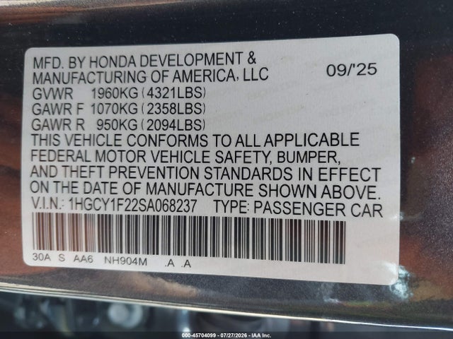 1HGCY1F22SA068237 Honda ACCORD LX