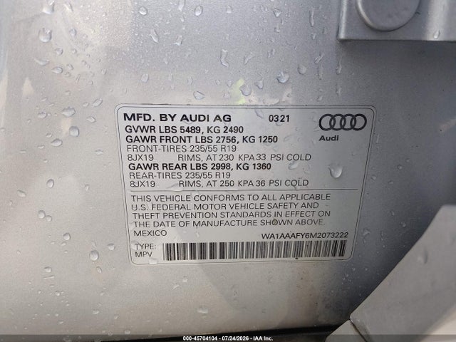 Продаж на аукціоні авто 2021 Audi Q5 Premium 45 Tfsi Quattro S Tronic, vin: WA1AAAFY6M2073222, номер лоту: 45704104