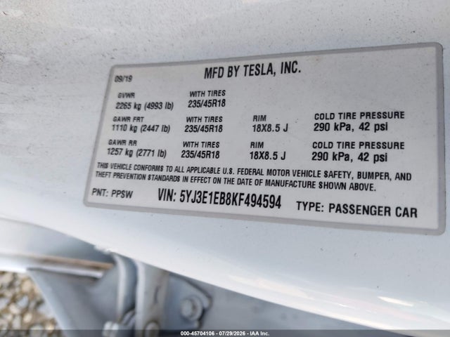 Tesla Model 3 Long Range/performance 2019 5YJ3E1EB8KF494594 Image 9