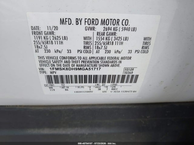 Auction sale of the 2021 Ford Explorer Xlt, vin: 1FMSK8DH9MGA51717, lot number: 45704107