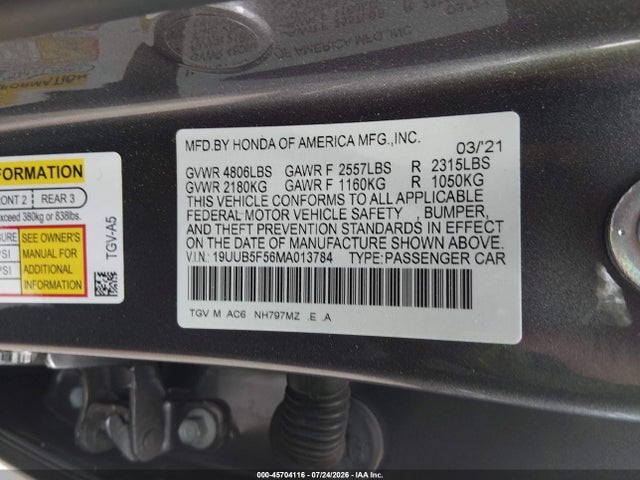 Продаж на аукціоні авто 2021 Acura Tlx A-spec Package, vin: 19UUB5F56MA013784, номер лоту: 45704116