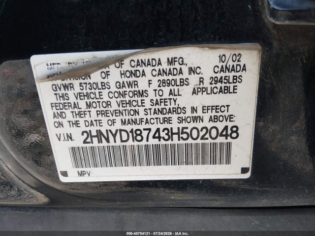 45704121 :رقم المزاد ، 2HNYD18743H502048 vin ، 2003 Acura Mdx مزاد بيع