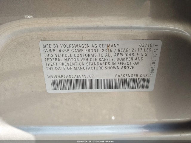 2010 Volkswagen Cc Sport მანქანა იყიდება აუქციონზე, vin: WVWMP7AN2AE549767, აუქციონის ნომერი: 45704125