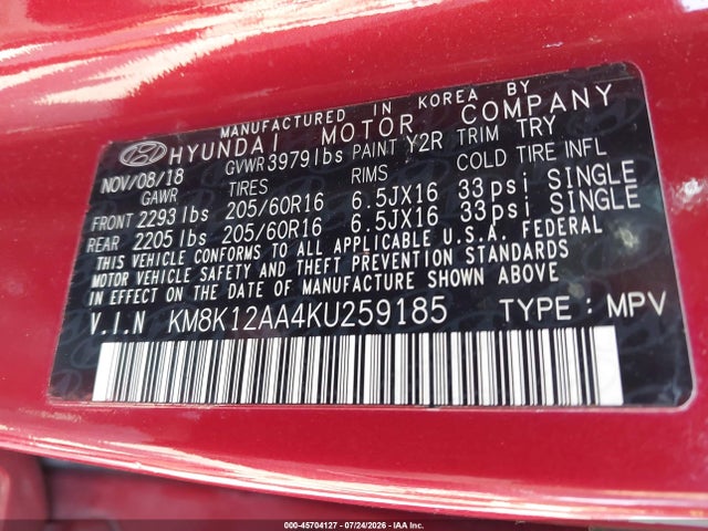 2019 Hyundai Kona Se მანქანა იყიდება აუქციონზე, vin: KM8K12AA4KU259185, აუქციონის ნომერი: 45704127