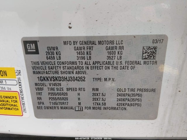 45704129 :رقم المزاد ، 1GKKVSKD3HJ304262 vin ، 2017 Gmc Acadia Limited مزاد بيع