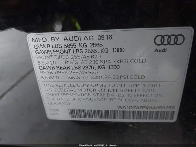 Aukcja sprzedaży 2017 Audi Q5 3.0t Premium Plus, vin: WA1D7AFPXHA059256, numer aukcji: 45704141