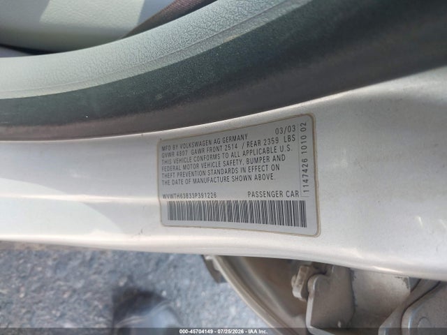 Aukcja sprzedaży 2003 Volkswagen Passat Glx, vin: WVWTH63B33P391226, numer aukcji: 45704149