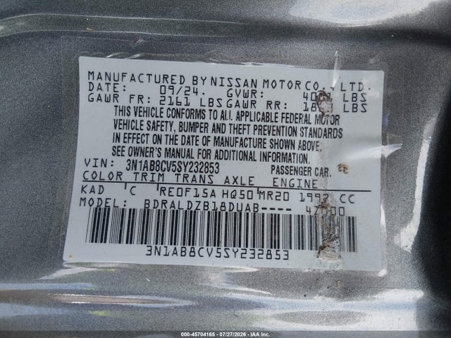 Продаж на аукціоні авто 2025 Nissan Sentra Sv, vin: 3N1AB8CV5SY232853, номер лоту: 45704165