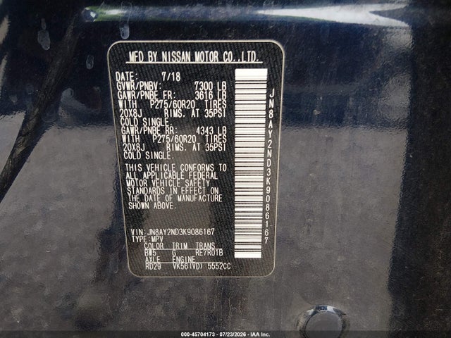 Продажа на аукционе авто 2019 Nissan Armada Sl, vin: JN8AY2ND3K9086167, номер лота: 45704173