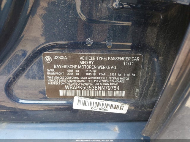 2011 Bmw 328i Xdrive მანქანა იყიდება აუქციონზე, vin: WBAPK5G53BNN79754, აუქციონის ნომერი: 45704174