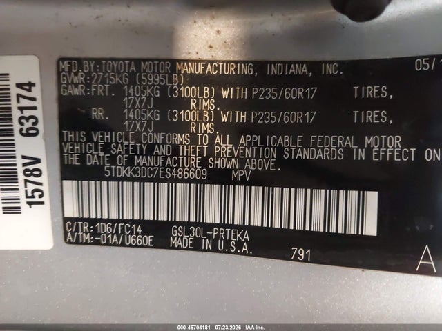 Aukcja sprzedaży 2014 Toyota Sienna Le V6 8 Passenger, vin: 5TDKK3DC7ES486609, numer aukcji: 45704181