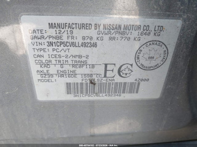 2020 Nissan Kicks Sv Xtronic Cvt მანქანა იყიდება აუქციონზე, vin: 3N1CP5CV6LL492346, აუქციონის ნომერი: 45704182