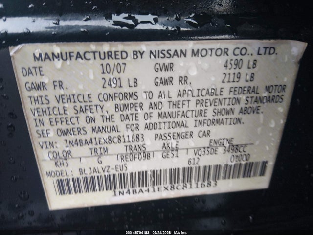 Aukcja sprzedaży 2008 Nissan Maxima 3.5 Se, vin: 1N4BA41EX8C811683, numer aukcji: 45704183
