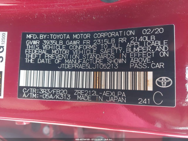 45704189 :رقم المزاد ، JTDEPRAE5LJ105213 vin ، 2020 Toyota Corolla Le مزاد بيع
