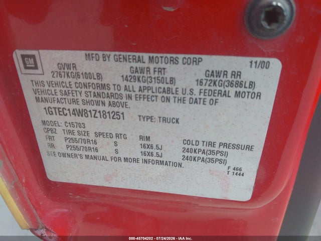 45704202 :رقم المزاد ، 1GTEC14W81Z181251 vin ، 2001 Gmc Sierra 1500 Sl مزاد بيع