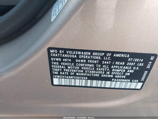 45704203 :رقم المزاد ، 1VWCV7A36FC007233 vin ، 2015 Volkswagen Passat 2.0l Tdi Sel Premium مزاد بيع