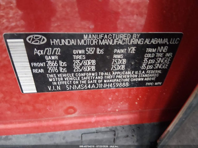 2022 Hyundai Santa Fe Xrt მანქანა იყიდება აუქციონზე, vin: 5NMS64AJ1NH459888, აუქციონის ნომერი: 45704210