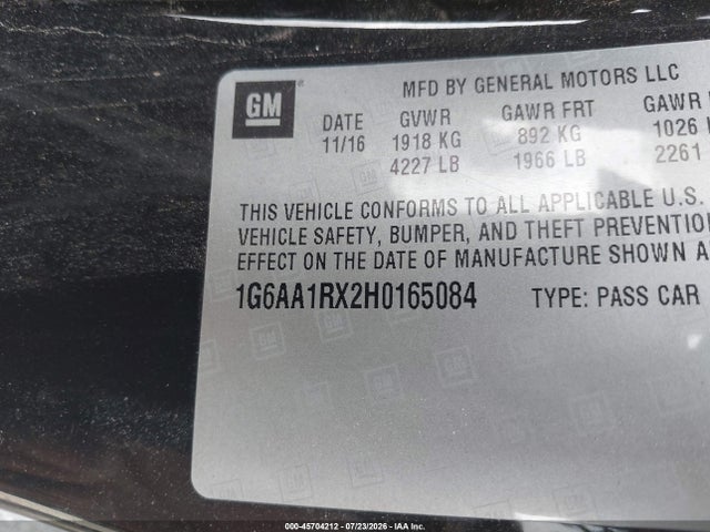 45704212 :رقم المزاد ، 1G6AA1RX2H0165084 vin ، 2017 Cadillac Ats Rwd مزاد بيع