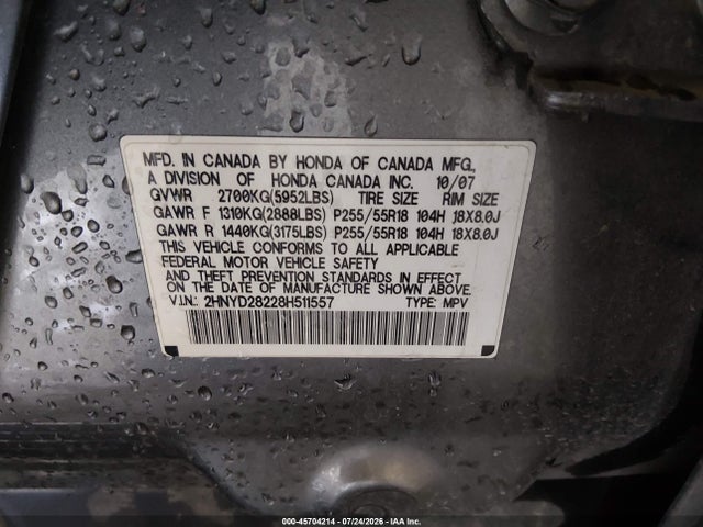 45704214 :رقم المزاد ، 2HNYD28228H511557 vin ، 2008 Acura Mdx مزاد بيع
