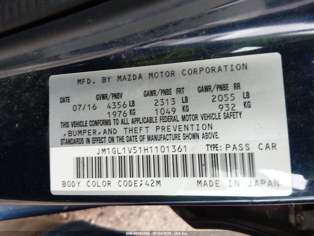 Aukcja sprzedaży 2017 Mazda Mazda6 Touring, vin: JM1GL1V51H1101361, numer aukcji: 45704268